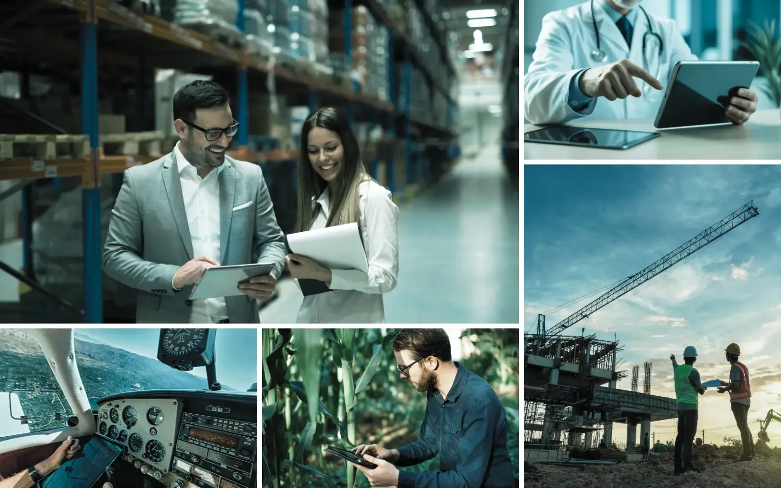 Colagem de tecnologia aplicada a diferentes setores: logística, saúde, construção civil, agricultura e aviação